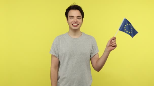 Jovem Estudante Feliz Shirt Cinzenta Agitando Bandeira União Europeia Sorrindo — Vídeo de Stock