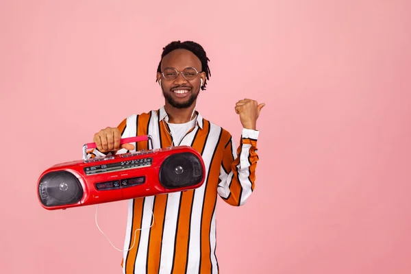 Smiling Afro American Man Dreadlocks Striped Shirt Holding Tape Recorder — Stok Foto