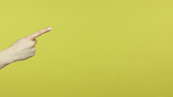 あなたの広告 テンプレートのための空のスペース素晴らしい背景で指を指している女性の手を閉じる側のビュー 黄色の背景に隔離された屋内スタジオショット — ストック動画