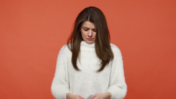 Deeply Upset Depressed Woman Fluffy White Sweater Crying Desperately Wiping — Stock Video