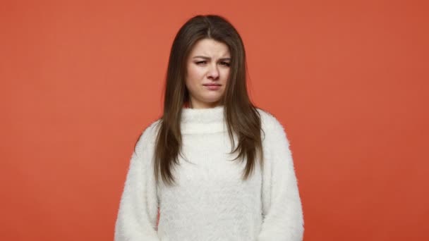 Unhappy Dissatisfied Brunette Woman Fluffy White Sweater Showing Thumbs Dislike — Stock Video