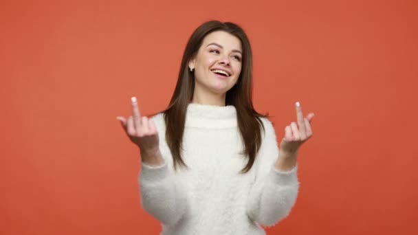 Carefree Rude Woman White Fluffy Sweater Showing Middle Fingers Smiling — Stock Video