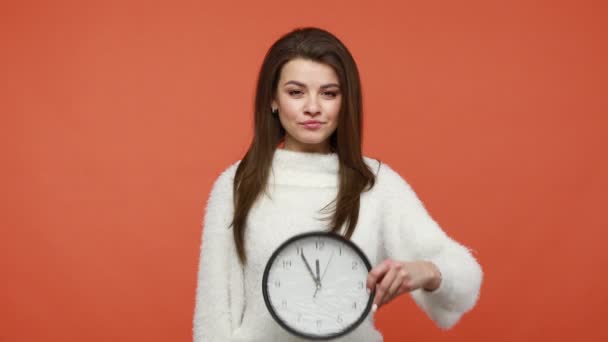 Happy Satisfied Brunette Woman White Sweater Showing Thumbs Gesture Holding — Stock Video