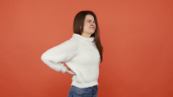 Exhausted Brunette Woman White Fluffy Sweater Touching Injured Sore Back — Stock Video