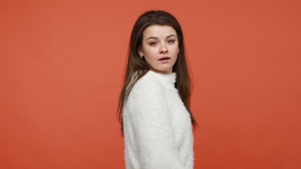 Extremely Shocked Surprised Brunette Woman White Fluffy Sweater Turning Head — Stock Video