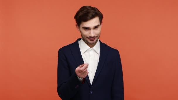 Young Businessman Showing Money Gesture Planning Big Income Looking Cunning — Stock Video