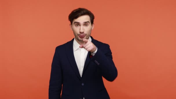 Bearded Young Guy Standing Finger Sign Pointing Camera Saying You — Stock Video