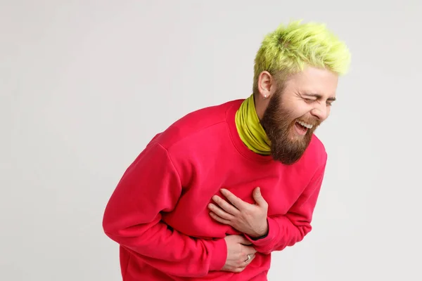 Portrait Excited Happy Yellow Haired Man Beard Dresses Casual Red — Stock Photo, Image