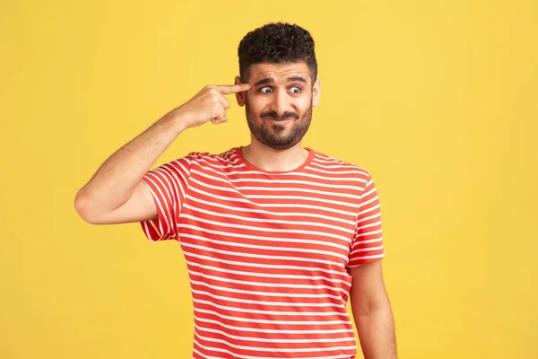 Crazy Idea Bearded Man Red Striped Shirt Showing Stupid Gesture — Stok fotoğraf