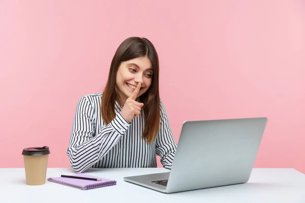 Please Keep Secret Positive Woman Striped Shirt Shushing Silence Gesture — Stock Photo, Image