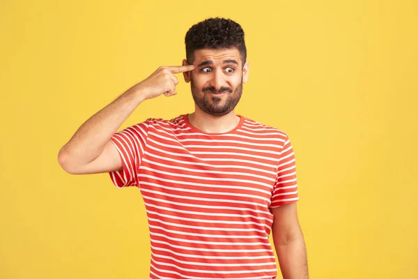 Crazy Idea Bearded Man Red Striped Shirt Showing Stupid Gesture — Fotografia de Stock