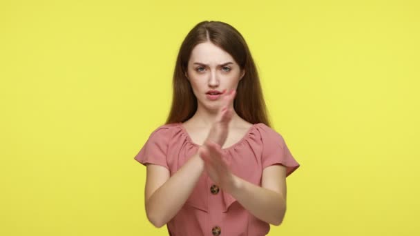 Way Finish Young Woman Crossing Hands Stop Gesture Definitely Rejecting — Stock Video