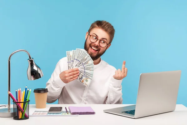 Happy Funny Man Beard Showing Fuck Gesture Middle Finger Dollar — Foto Stock