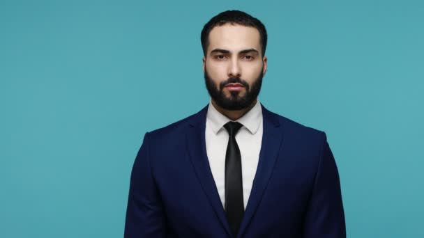 Concentrated Serious Bearded Man Pleasant Appearance Dresses Black Formal Suit — Stock Video