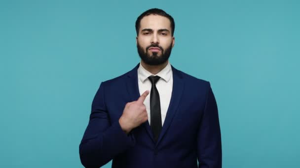 Successful Self Confident Bearded Man Pointing Himself Looking Arrogance Expressing — Stock Video