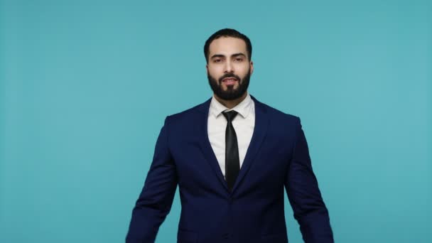 Good Looking Kind Bearded Man Black Suit Giving Heart Spreading — Stock Video