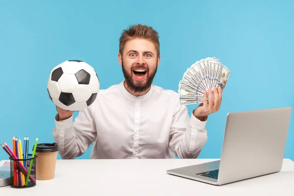 Happy Excited Man Office Worker Holding Showing Soccer Ball Fun — Stock Photo, Image