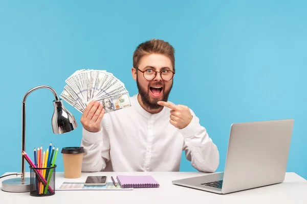 Excited Bearded Man Office Worker Pointing Finger Dollar Cash His — Stock Photo, Image