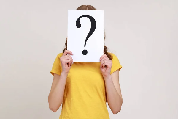 Portrait Shy Woman Yellow Casual Shirt Hiding Her Face White — Stock Photo, Image