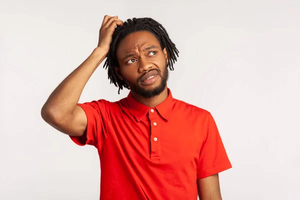 Doubt Need Think Bearded Man Dreadlocks Wearing Red Casual Style — Stock Photo, Image