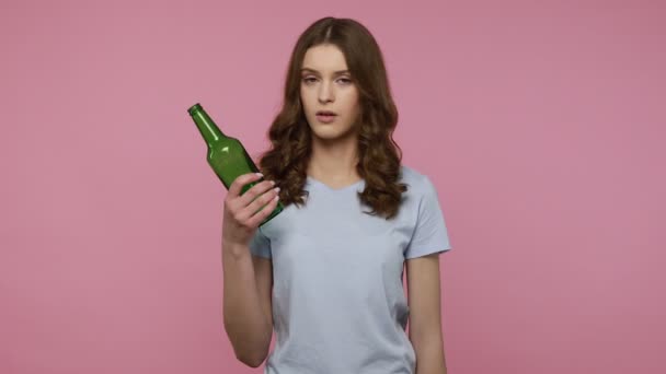 Stop Drinking Serious Teenager Girl Wearing Casual Attire Holding Stop — 图库视频影像