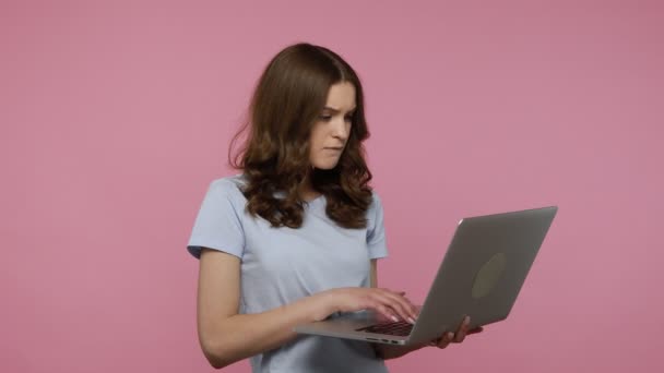 Shocked Teenager Girl Blue Casual Shirt Working Laptop Sees Astonishing — Stock Video