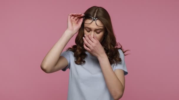 Tired Wavy Haired Female Blue Shirt Takes Eyeglasses Feels Exhausted — Stock Video