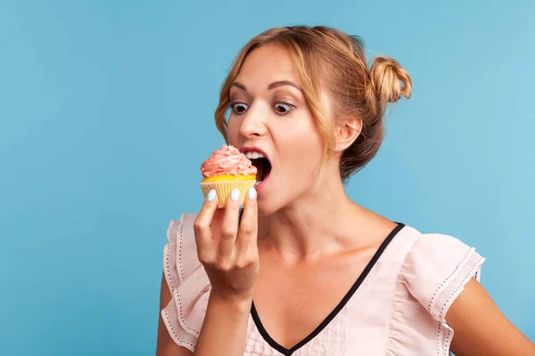 Sugar Addiction Portrait Hungry Blonde Young Adult Woman Dress Biting — Stock Photo, Image