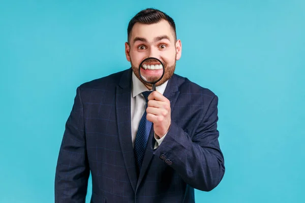 Ampliar Sonrisa Concepto Cuidado Dental Retrato Joven Hombre Negocios Traje —  Fotos de Stock