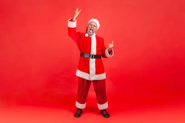 Full Length Shot Excited Elderly Man Gray Beard Wearing Santa — Stock Photo, Image