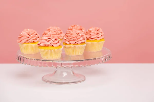 Closeup Big Glass Plate Beautifully Decorated Cakes Ready Serve Copy — Stock Photo, Image