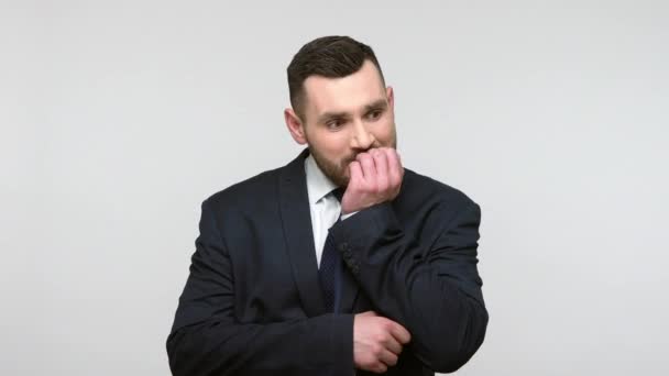 Anxious Bearded Businessman Black Official Style Suit Biting His Nails — Stock Video