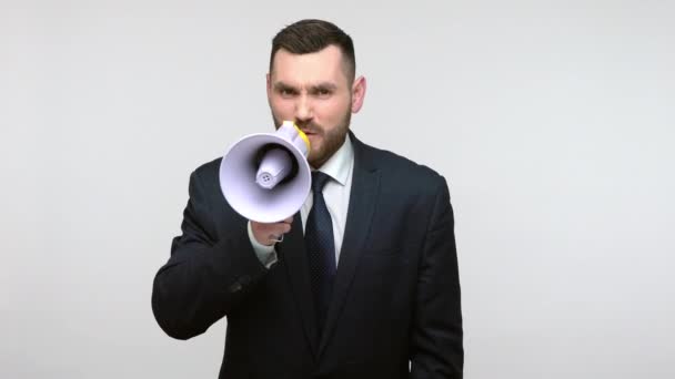 Positive Bearded Businessman Black Official Style Suit Screaming Megaphone Paying — Stock Video