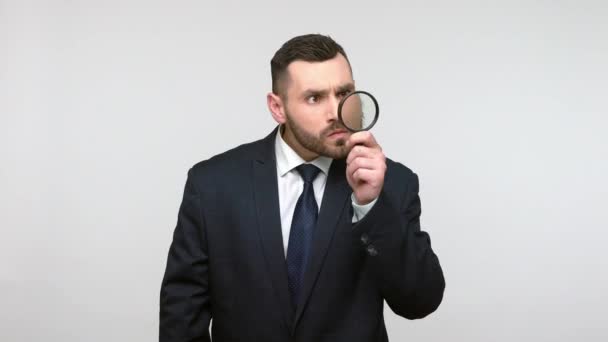 Concentrated Bearded Businessman Black Official Style Suit Looking Loupe Using — Stock Video