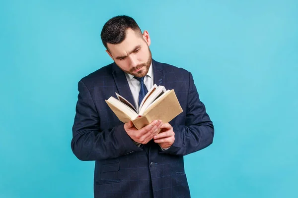 Young Adult Concentrated Man Wearing Dark Suit Reading Book Enjoying — Stock Photo, Image