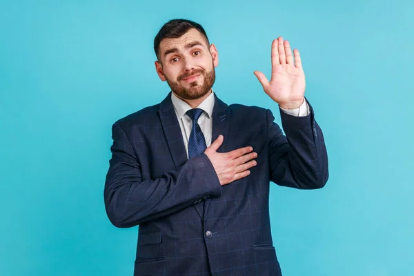 Prometo Decir Verdad Hombre Barbudo Con Traje Estilo Oficial Pie —  Fotos de Stock