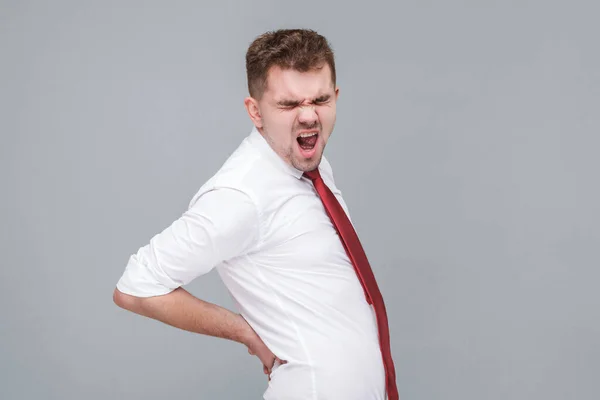 Maux Dos Colonne Vertébrale Rénale Portrait Jeune Homme Malade Chemise — Photo