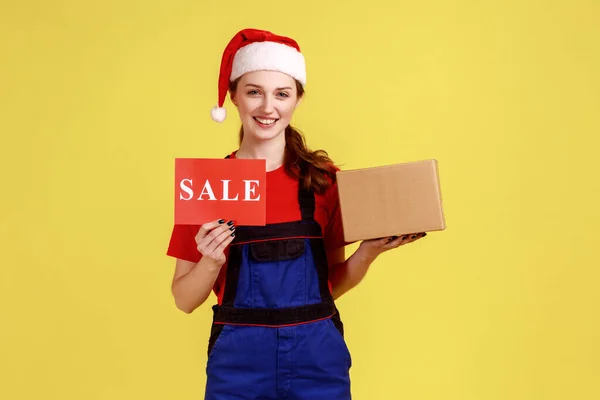 Positive Delivery Woman Smile Holding Cardboard Parcel Card Sale Inscription — Stock Photo, Image