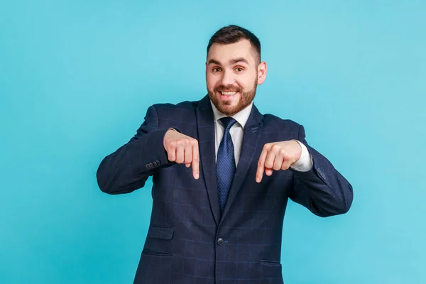 Portrait Attractive Bearded Businessman Wearing Official Style Suit Pointing Fore — Stock Photo, Image