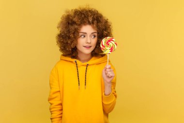 Portrait of hungry cute woman with Afro hairstyle holding colorful lollipop, looking at sugary candy, wearing casual style hoodie. Indoor studio shot isolated on yellow background.