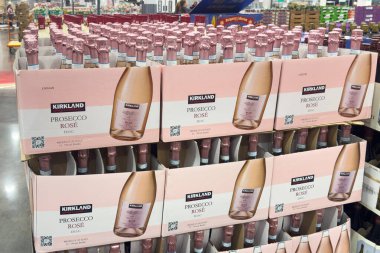 Prosper, Texas, USA - September 12th, 2025: Kirkland prosecco rose cases stacked on pallets in Costco Store