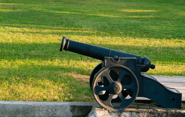 Old cannon and green grass background — Stock Photo, Image