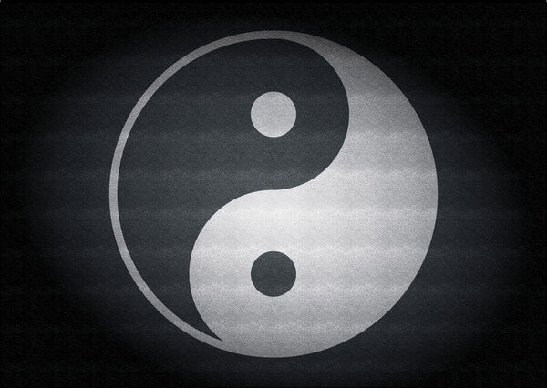 Yin-Yang balck and white printed on black leather background
