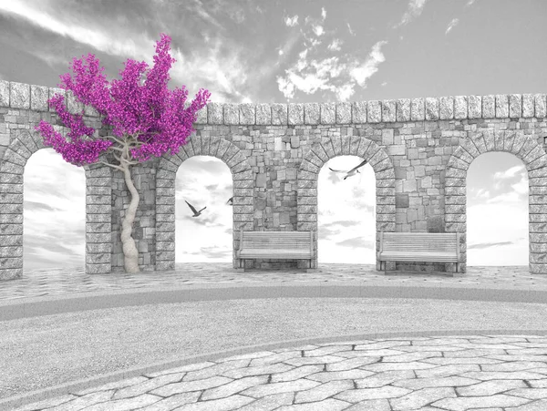 Black White Digital Art Stone Wall Arches Pink Tree Rendering — Stock Photo, Image