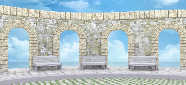 Stone Wall Arches Benches Ocean Rendering — Stock Photo, Image