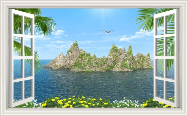 Vista Desde Ventana Océano Isla Montañosa Palmeras Flores Verano Relajación — Foto de Stock