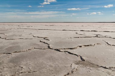 Arjantin, La Pampa 'da bir tuz madeninin yatağında kırılmış toprak.