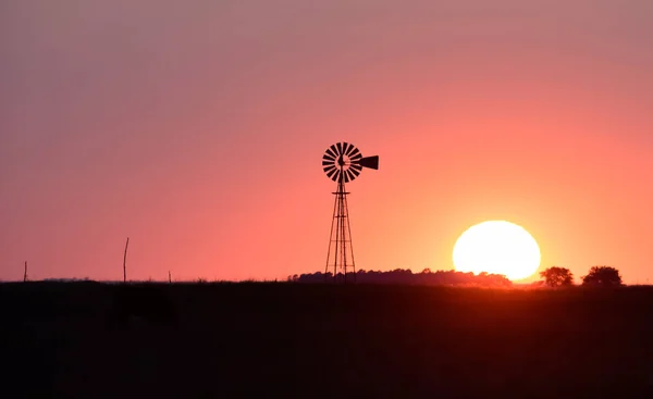 Windmolen Het Platteland Bij Zonsondergang Pampas Patagonië Argentinië — Stockfoto