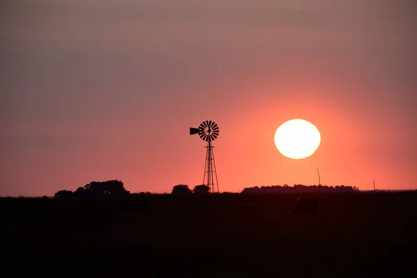 Windmolen Het Platteland Bij Zonsondergang Pampas Patagonië Argentinië — Stockfoto