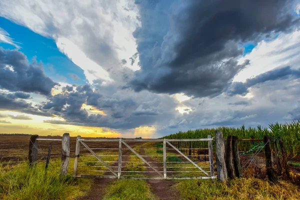Countryside gate Stormy with a stormy sky in the background, La Pampa province, Patagonia, Argentina.